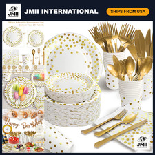 175PCS White Gold Dot Disposable Paper Plates Set for 25 Guests - Party Tablewar