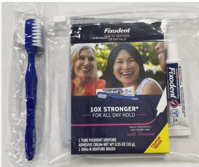 Fixodent Denture Adhesive Travel Size with oral-b denture brush. Pack of 12