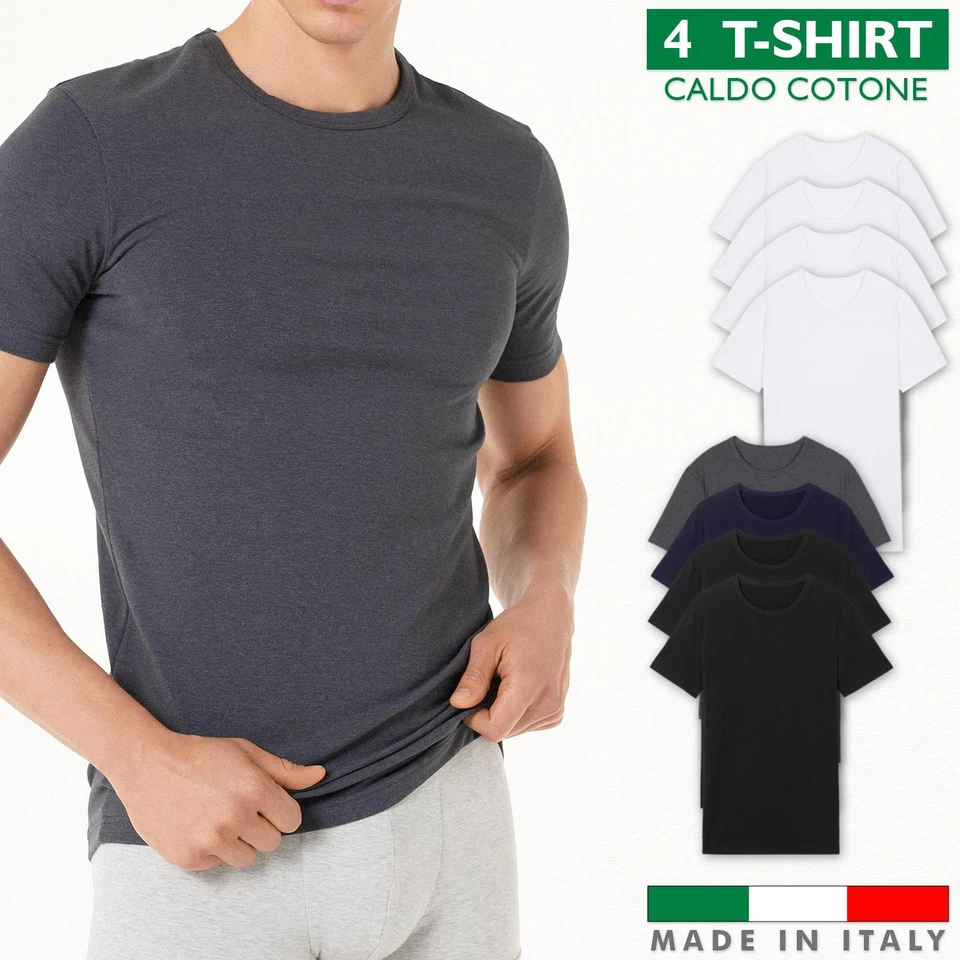Set 4 T-Shirt Caldo Cotone Uomo Maglia Intima Maniche Corte Girocollo VEQUE
