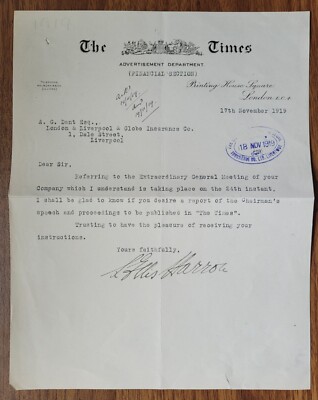 1919 Times Zeitungsdruckerei Sq, London Geschäftsbrief an Dent Liverpool