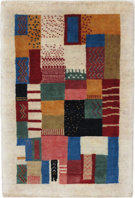 Gabbeh Teppich Orient Perser Rug Beige Schurwolle Patchwork Design Ghashghai Öko