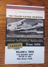 ROYAL FLASH MATCHBOOK COVER: PARKER WHITE-METAL DAYTON, OHIO MATCHCOVER -B19