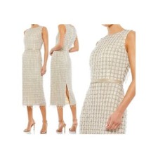Mac Duggal Sleeveless Tweed Beaded Fringe Midi Dress In Nude Size 8 NWT