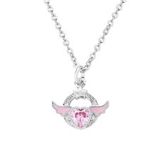 Tiny Pink Cubic Zirconia Love Heart With Wings Pendant Necklace For Women Girls