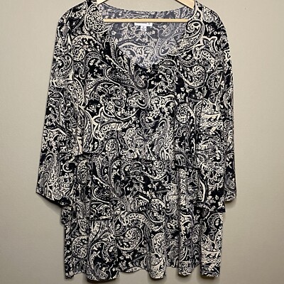 Susan Graver Tiered Liquid Knit Blouse Women 2X Black Tan Paisley V-Neck Office
