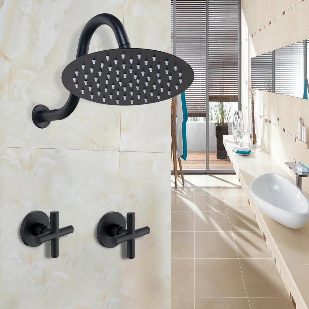 Black 8" Rain Shower Head Round Combos 2 Handle Mixer Wall Mounted Shower Faucet