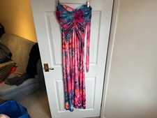 PINK POLYESTER BRIGHT FLORAL HALTER NECK FULL LENGTH DRESS MEDIUM UK 12