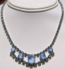 Vtg 60s Icy Sky Blue Rhinestone  Glass Adjust 12-14.5" Choker Bib Necklace