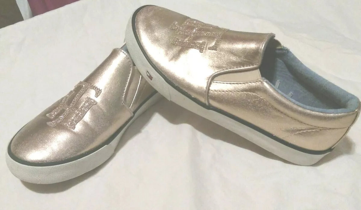 Sz 2 Women s Tommy Hilfiger LUCEY Rose Gold Signature Slip On Sneaker Shoes