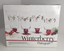 Pfaltzgraff Winterberry Water Goblets set of 4 New in Box Clear w/red stem Holly