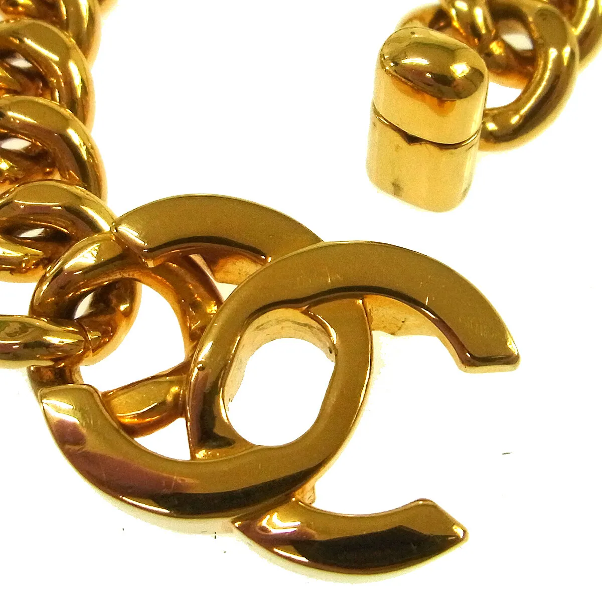 CHANEL Vintage CC Logos Turnlock Motif Gold Chain Bracelet JT08673e