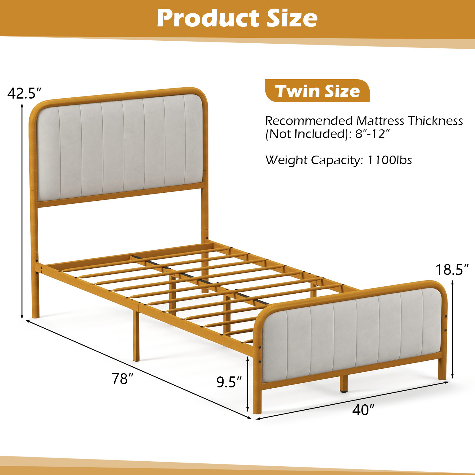 Twin Gold Metal Bed Frame Upholstered Platform Bed w/ Velvet Headboard