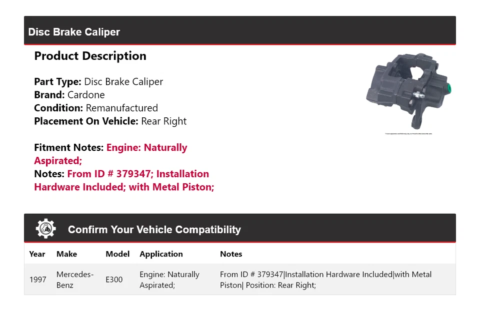Pinza de freno derecha de cardone para Mercedes-Benz E300 1997 con aspiración natural Foto 2 de 4