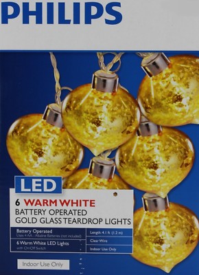 Philips 6 Warm White Battery Operated Gold Glass Teardrop String Lights NIB