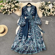 Lace-up Waist Floral Print Dress Elegant Women V-neck Long Sleeve A-line Skirt