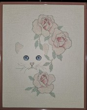 VTG Completed Framed Blue Eyed Cat  Flowers Needlepoint No Glass 10"X 8"