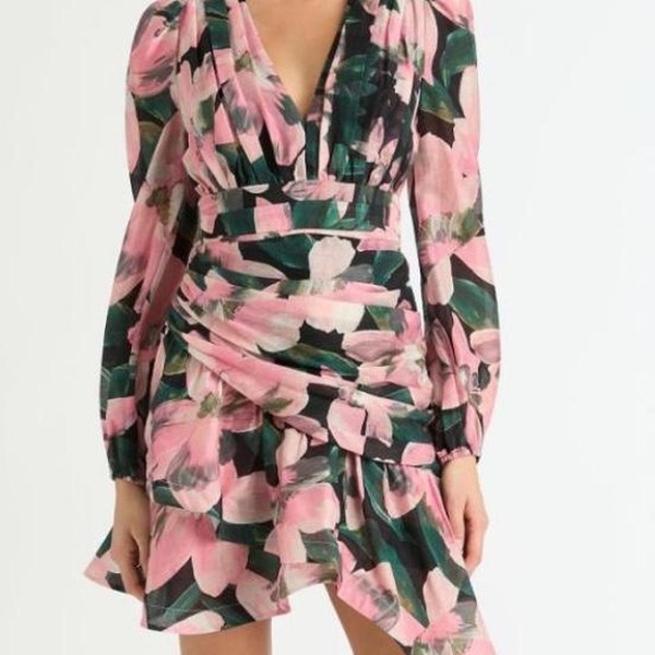 SHEIKE L/S Pink Multic. Floral Linen blend Wrap Mini Dress