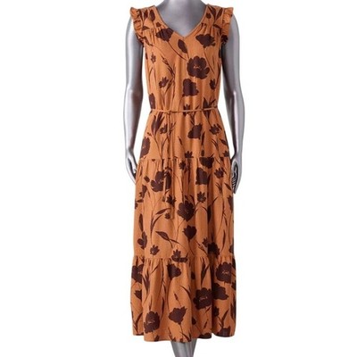 Simply Vera Vera Wang Brown Floral Print V-Neck Tiered Linen Midi Dress Large