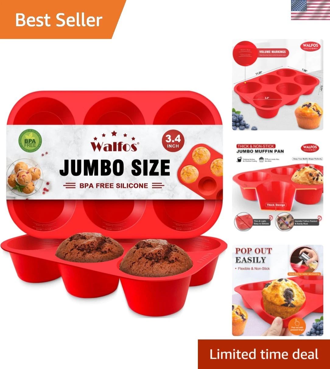 Silicone Texas Muffin Pan Set- 6 Cup Jumbo Silicone Cupcake Pan, Non-Stick, J...