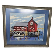 Vintage Handmade Framed Needlepoint Coastal Maine Ship Fishing 20x17 in Cottage
