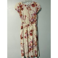 A New Day Womens Floral Midi Dress Cream Pink Orange Elastic Waist Rayon Size M
