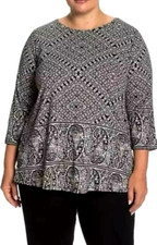 Lucky Brand Tunic Paisley Tee Cotton Modal Curved Hem Round Neck 3/4 Sleeve - 1X
