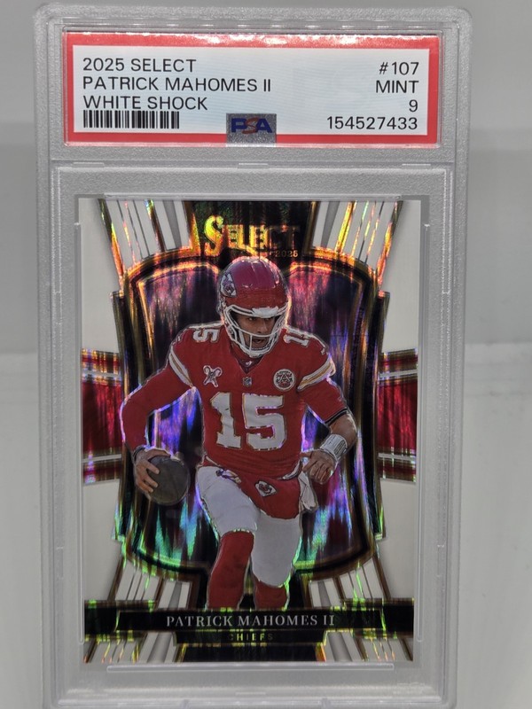 2025 Panini - Premier Level Patrick Mahomes II #107 White Shock Prizm /799 PSA 9