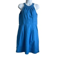 LOFT Women Dress Sz 8 Petite Blue Pleated Sleeveless Flared Hem Beachy Feminine