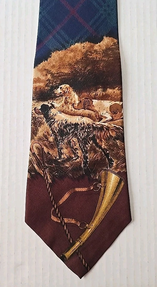 Коллекционный винтажный галстук Polo Ralph Lauren с принтом в клетку для собак с французским рогом для охоты - Изображение 2 из 4