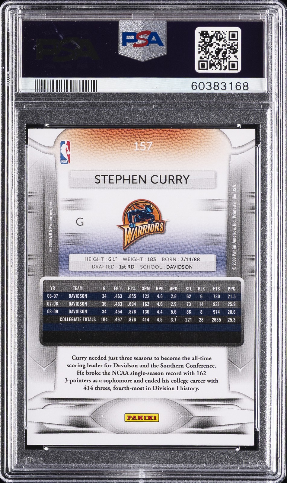 2009 PANINI PRESTIGE #157 STEPHEN CURRY ROOKIE RC PSA 9 view 2