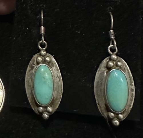 Native American Sterling Silver Turquoise Oval Cabochon Earrings Navajo Western - Imagen 3 de 10