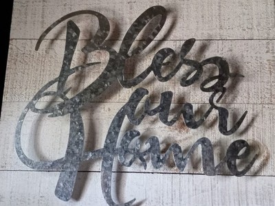 Rustic 3-D Home Wooden Wall Decor 14'' x 14'' Metal Script BLESS OUR HOME. #C 