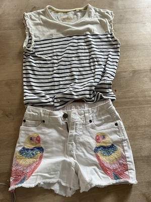 Mini Boden  Mädchen Set weiß t-Shirt Top  140 Jeans Shorts 140