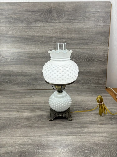 Vintage Fenton Lamp Hobnail Milk Glass Hurricane Parlor Gone With The Wind 20”