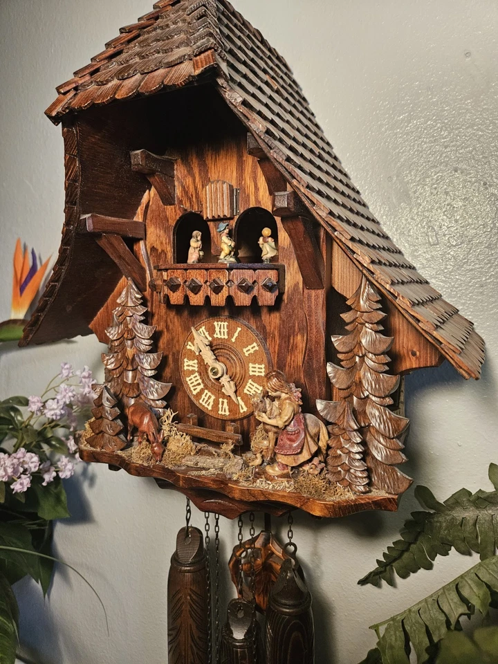 Beautiful Carved Unique German 8 Day Musical Cuckoo Clock With Dancers  - Image 3 of 4