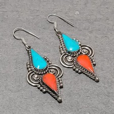 Tibetan Turquoise Red Coral Handmade Ethnic Jewelry Nepali Earrings 2.7" SR 5449