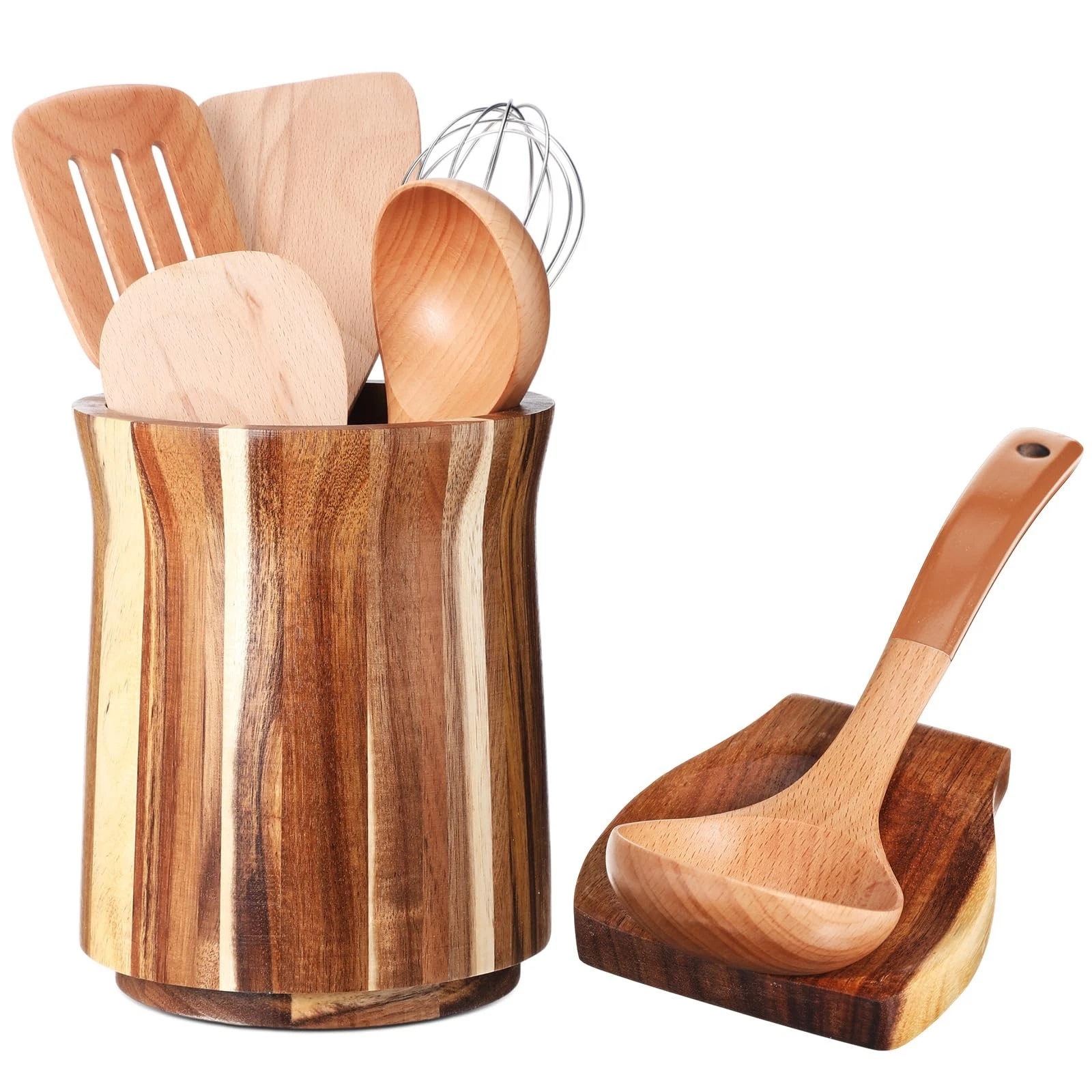 Wooden Utensil Holder 360° Rotating Kitchen Utensil Crock Organizer with Wood...