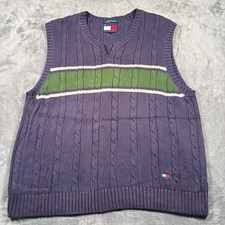 Vintage Tommy Hilfiger Sweater Vest Men Large Navy Blue Cotton Cable Knit V Neck