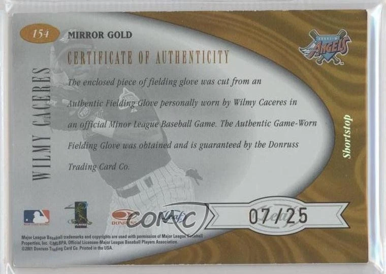 2001 Leaf Certified Materials Mirror Gold /25 Wilmy Caceres #154 Rookie RC - Image 2 of 2