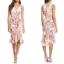 NEW Eliza J PINK Floral CLIP DOT Chiffon RUCHED Ruffle FAUX WRAP Midi DRESS 2
