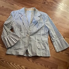CAbi Blue  White Striped 3/4 Bell Sleeve One Button Blazer Size 8