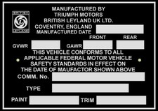 Triumph British Leyland Motors Vehicle Identification Number Plate Tag