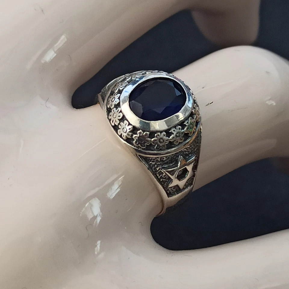 Anillo Hombre Estrella David Plata 925 Azul Real Sello Masivo 8.75 Retro Pinky Regalo Foto 2 de 4