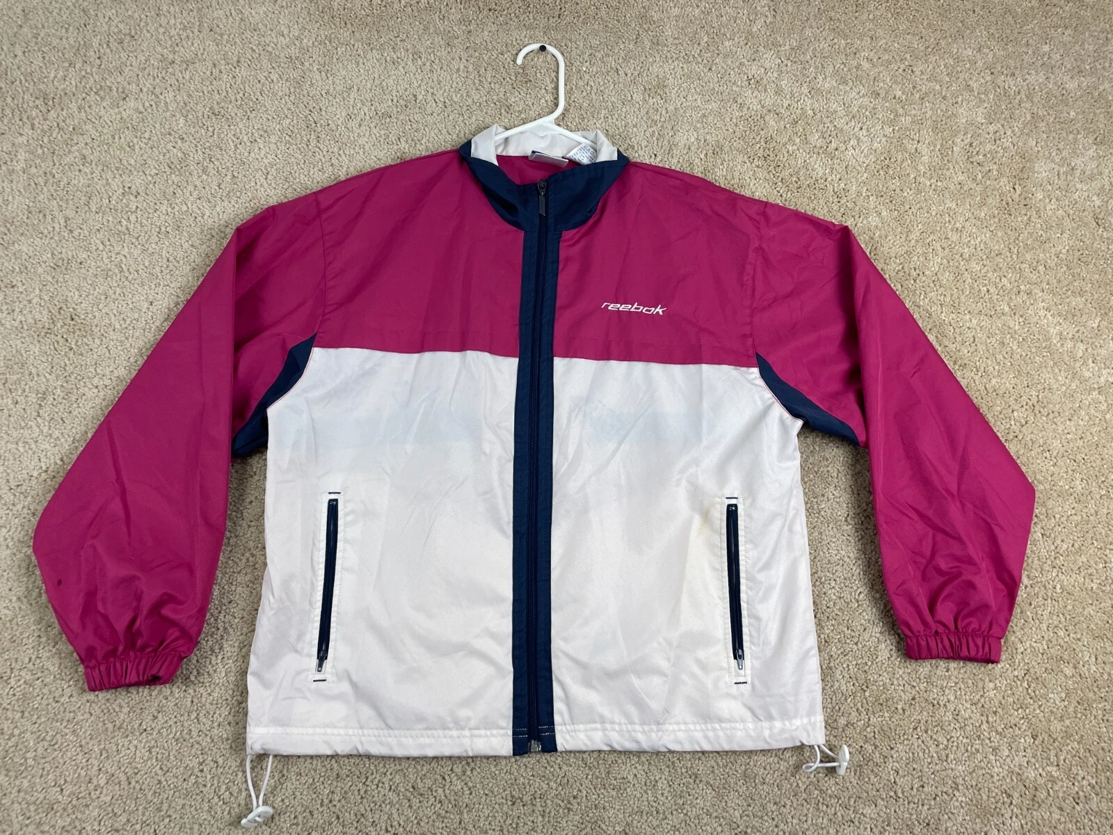 Vintage Reebok Windbreaker Jacket Mens Small Collared Full Zip Lined Pink White