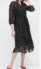Uniqlo chiffon floral black multi midi dress Size L 14