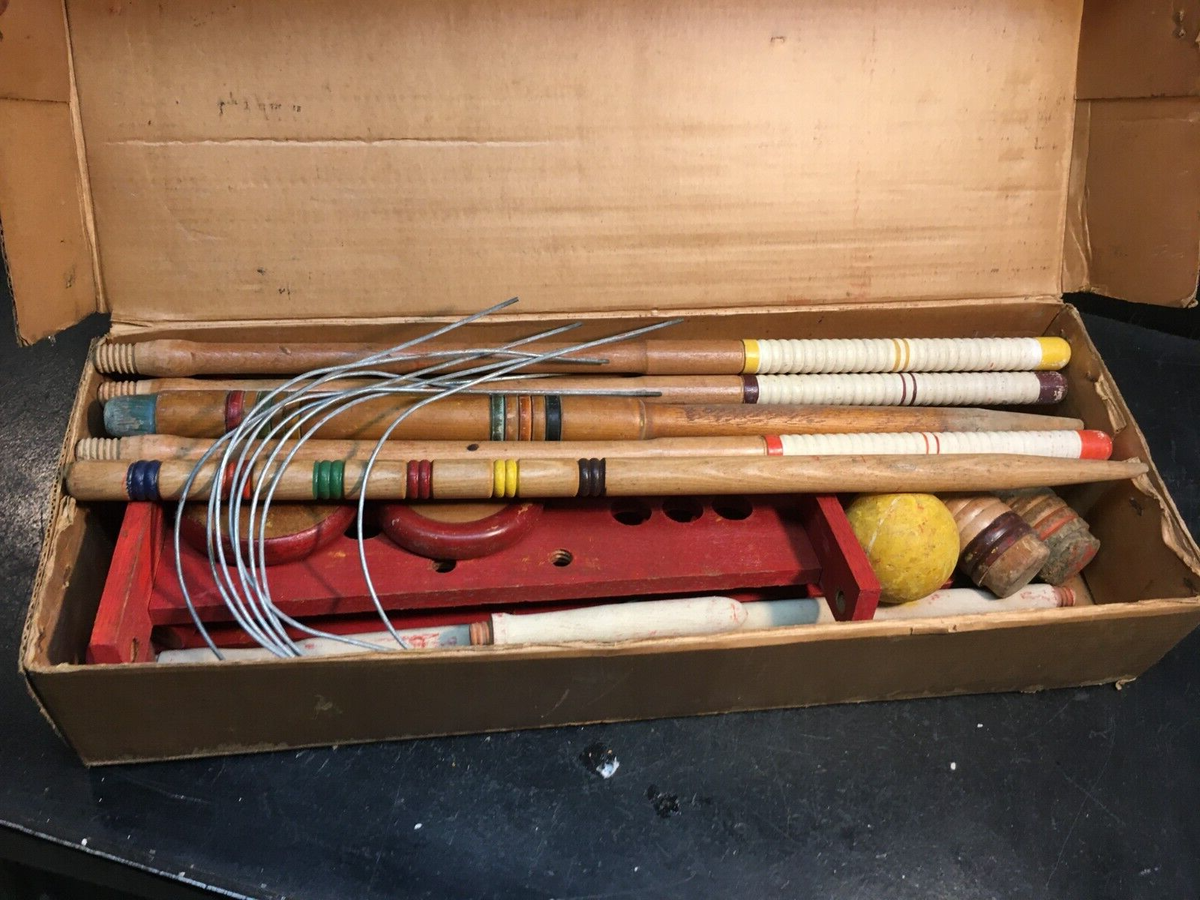 Ancien Ensemble De Croquet Vintage Pour 3 Personnes – Support En Bois, Fabrication Japonaise (Complet)