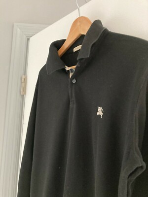 Burberry Brit Polo Shirt Long Sleeve Black Plaid Collar Mens Size large 