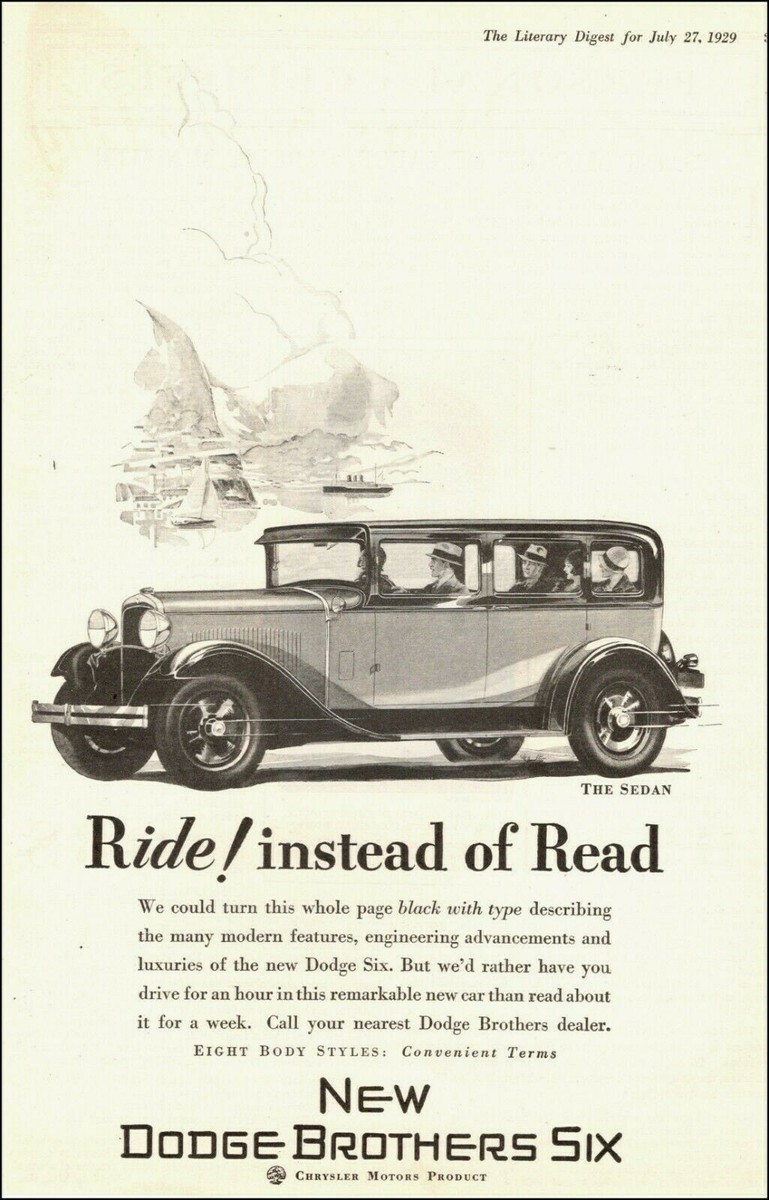 1929 rare antique Auto AD for New DODGE BROTHERS SIX 4 door Sedan
