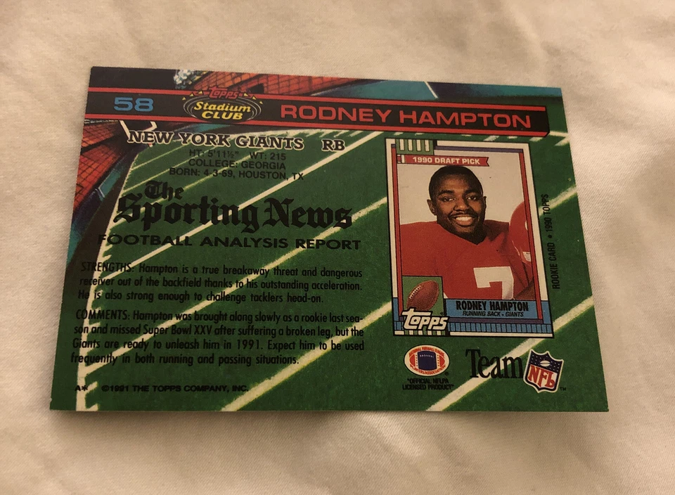 1991 Stadium Club Football #58 Rodney Hampton RB New York Giants - Image 2 of 2