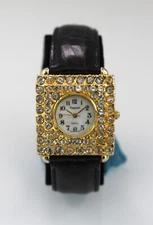 Regent Unisex Watch Stainless Gold St Stones Black Leather WR Batt White Quartz